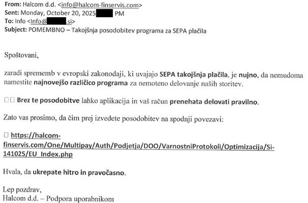 Halcom prevara: primer lažne e-pošte
